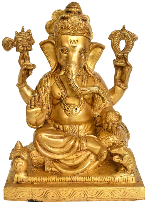 12" Handmade Chaturbhuja Ganesha Brass Statue