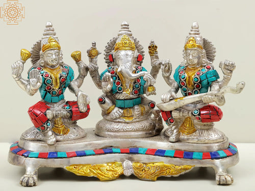 6" Brass Lakshmi Ganesha Saraswati Handmade Statue
