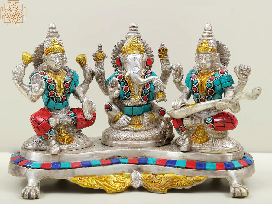 6" Brass Lakshmi Ganesha Saraswati Handmade Statue