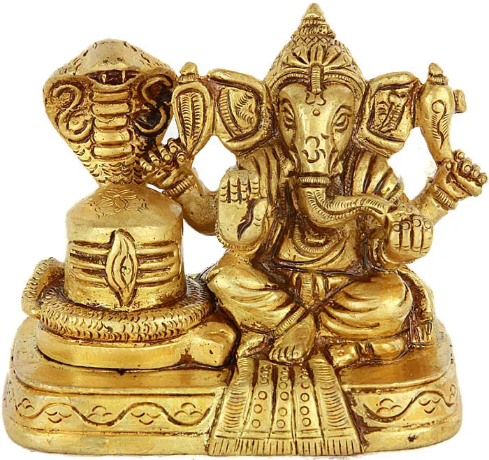 3" Lord Ganesha with Shiva Linga Brass Sculpture Handmade