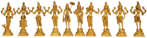 9" Dashavatara Brass Idol: Ten Incarnations of Lord Vishnu Handmade