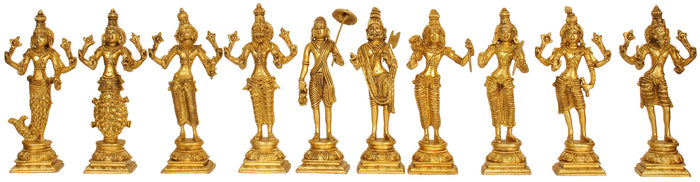 9" Dashavatara Brass Idol: Ten Incarnations of Lord Vishnu Handmade