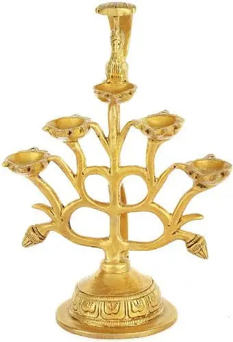 8" Brass Five Wick Hand-Held Puja Lamp for Pooja