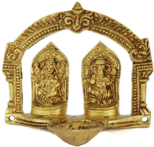 4" Brass Lakshmi Ganesha Puja Lamp with Arch Handmade Sculpture