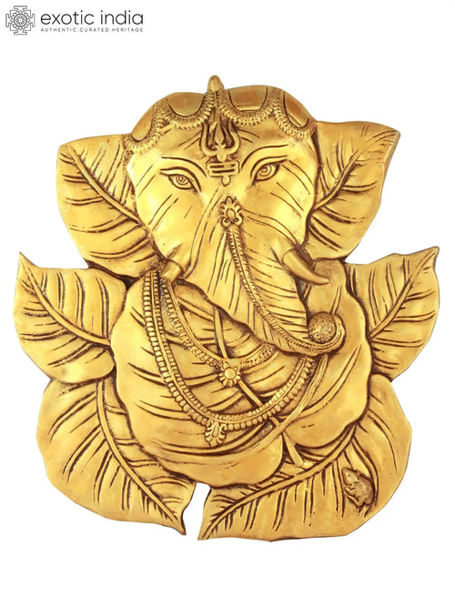 8" Peepal Leaves Ganesha Brass Wall Hanging Idol Handmade