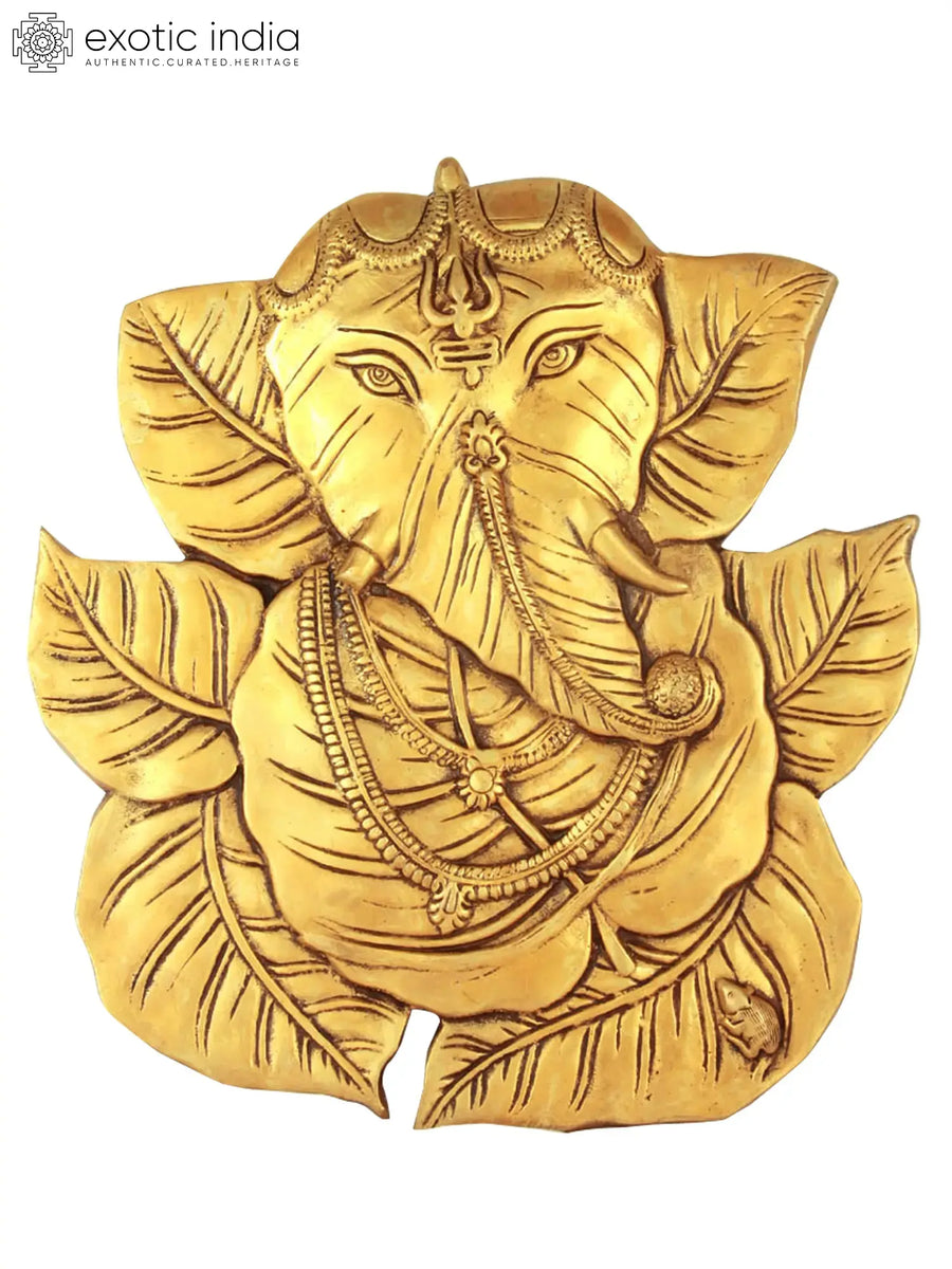 8" Peepal Leaves Ganesha Brass Wall Hanging Idol Handmade