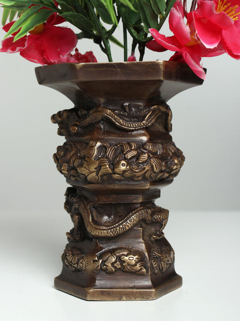 6" Chinese Dragon Design Flower Pot in Brass