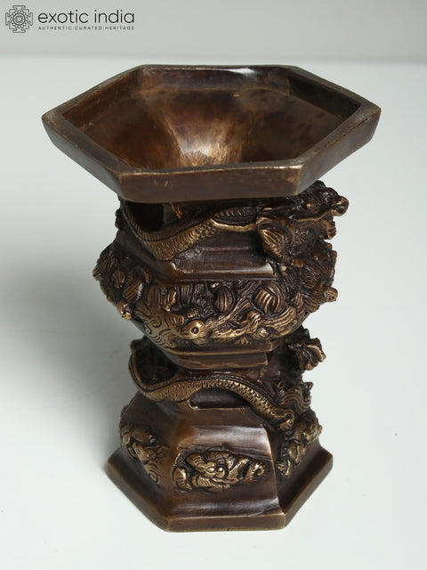 6" Chinese Dragon Design Flower Pot in Brass