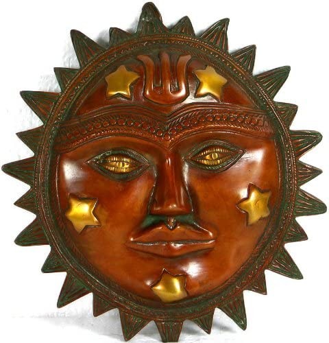 9" Lord Surya Brass Wall Hanging Mask Handmade