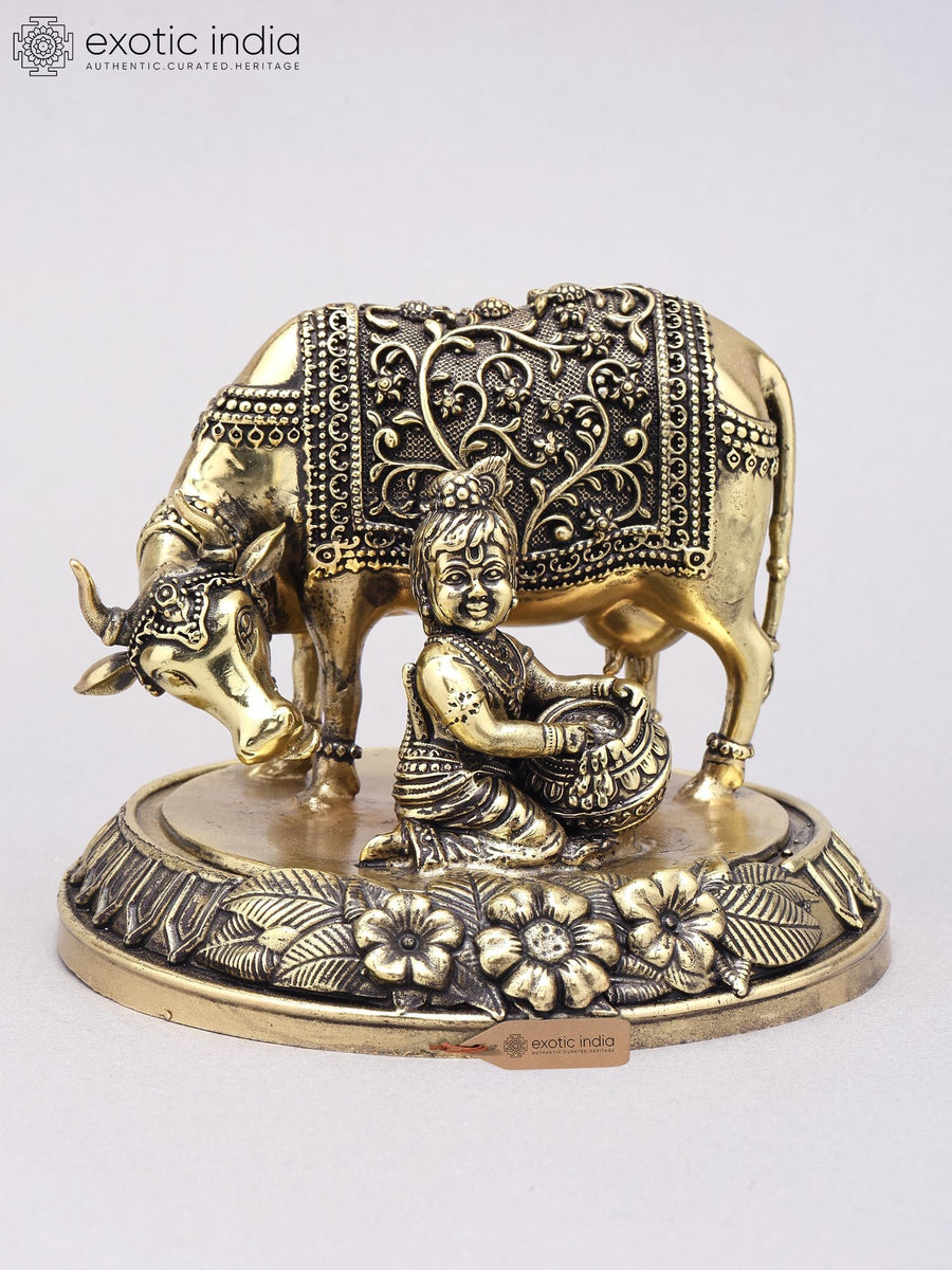 5" Handmade Brass Krishna with Cow Statue for Pooja
