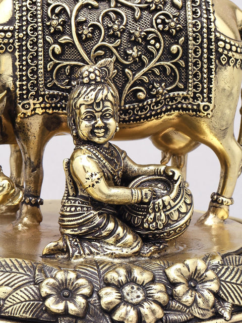 5" Small Superfine Butter Krishna with Cow | Brass Statue