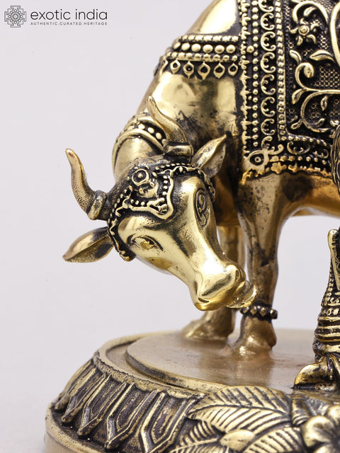5" Small Superfine Butter Krishna with Cow | Brass Statue