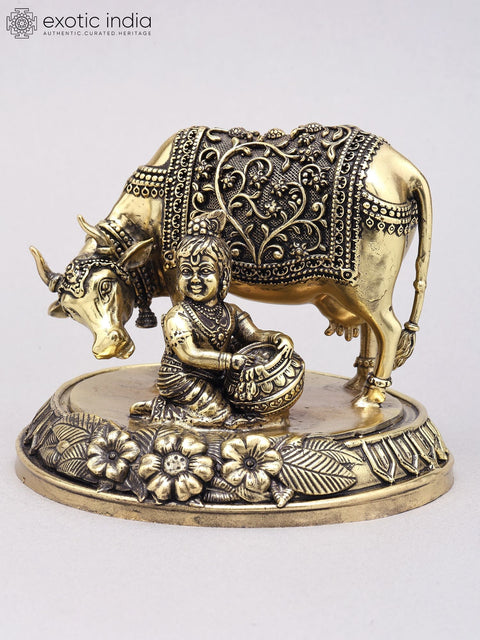 5" Small Superfine Butter Krishna with Cow | Brass Statue
