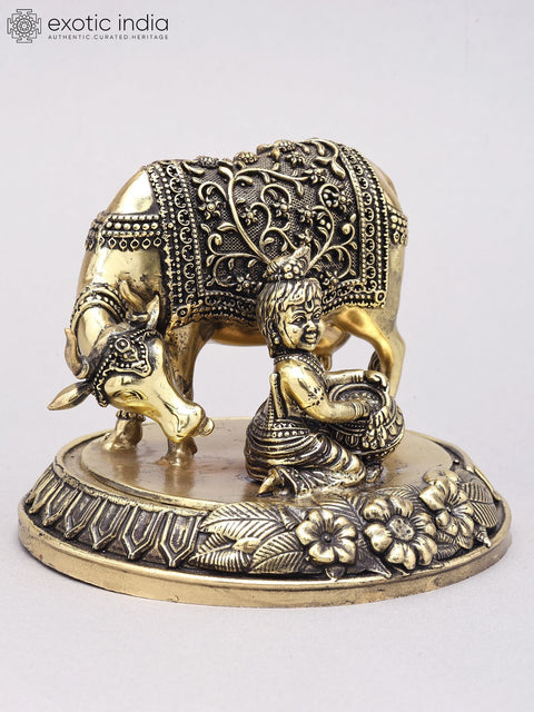 5" Small Superfine Butter Krishna with Cow | Brass Statue