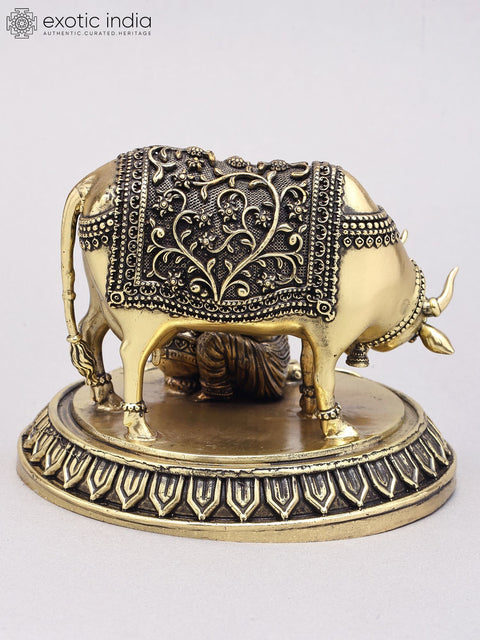 5" Small Superfine Butter Krishna with Cow | Brass Statue