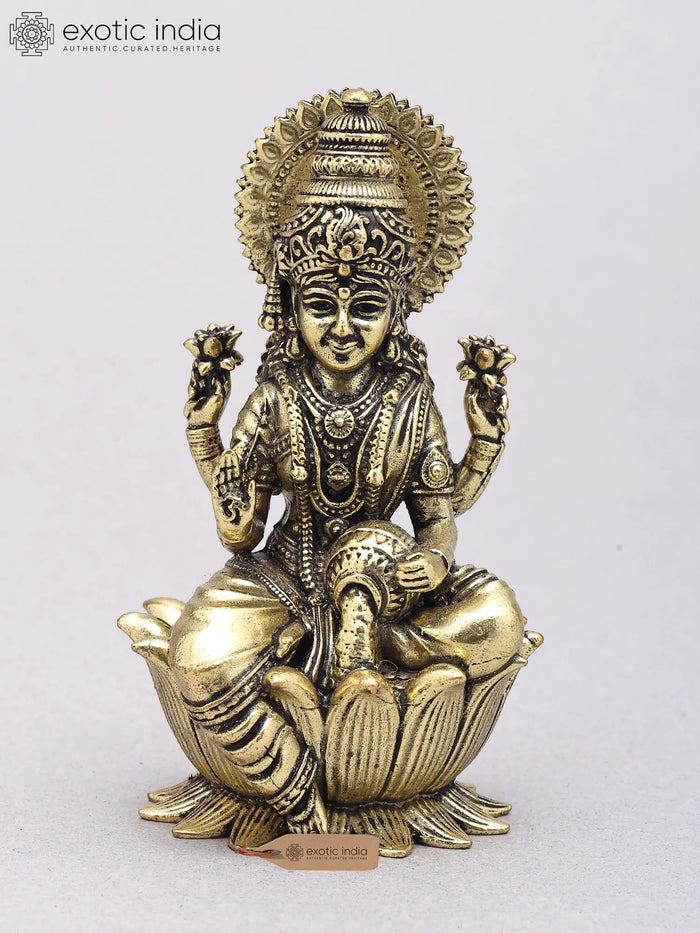3" Handmade Blessing Goddess Lakshmi Seated on Lotus Brass Statue