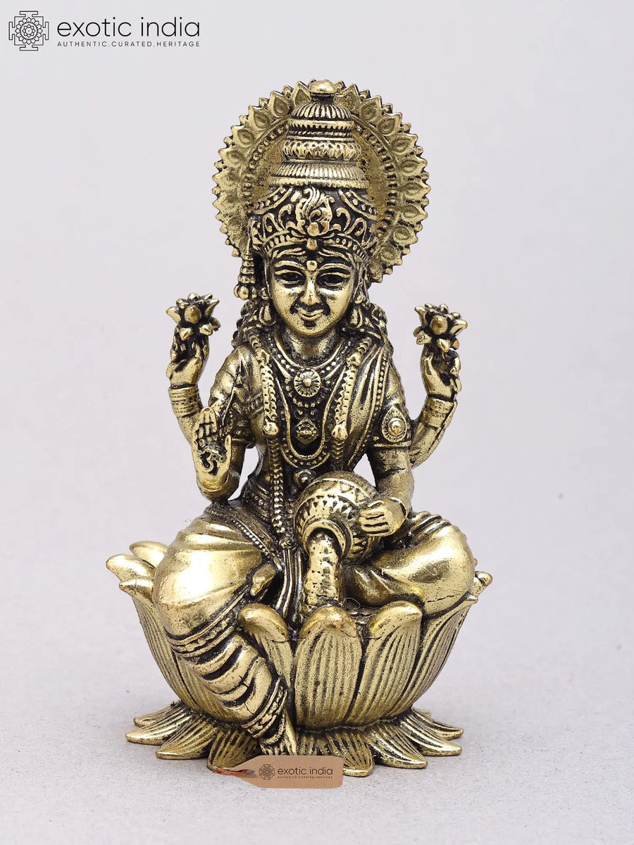 3" Handmade Blessing Goddess Lakshmi Seated on Lotus Brass Statue
