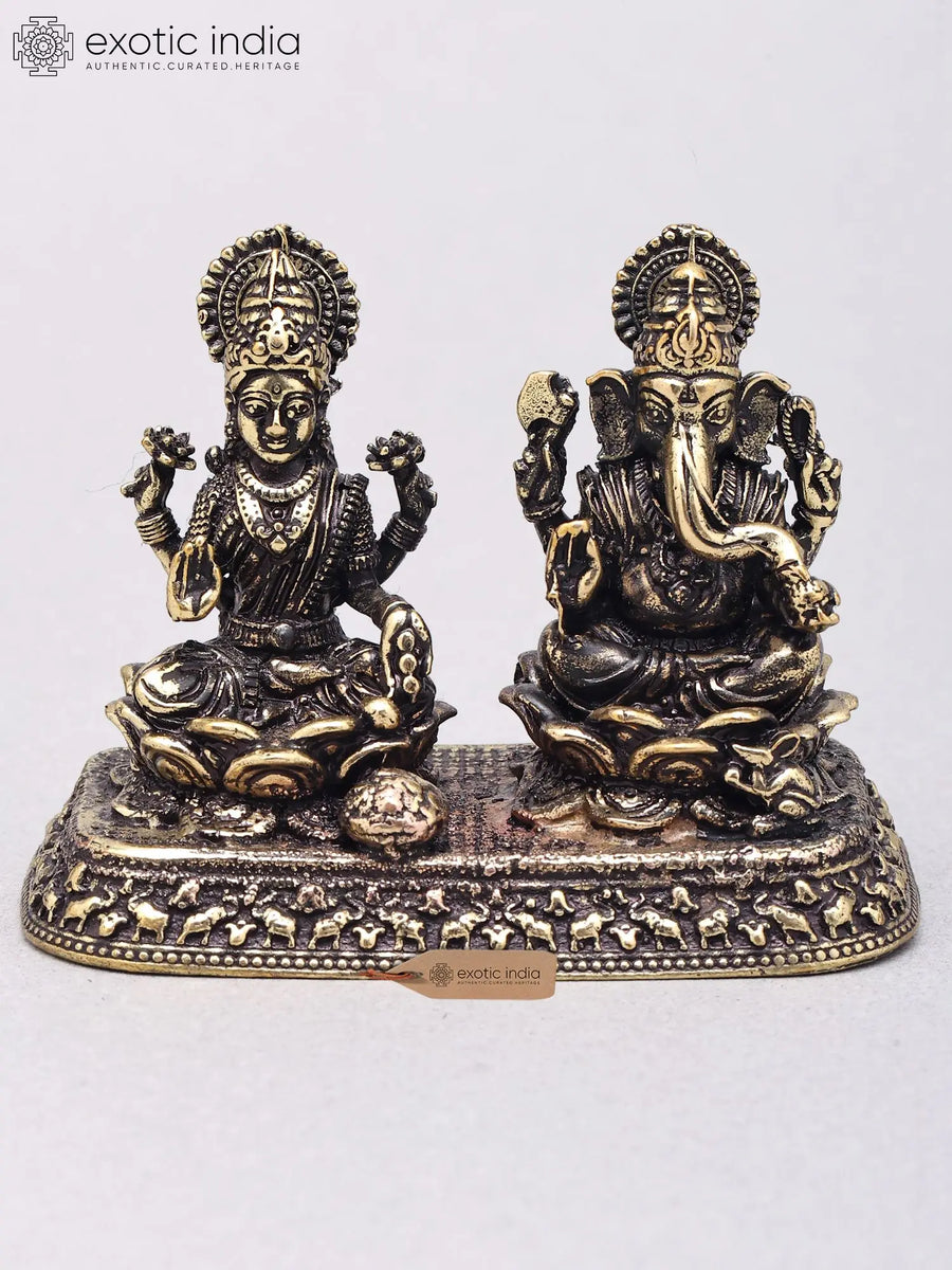 2" Small Brass Lakshmi-Ganesha Sitting on Lotus Handmade Statue