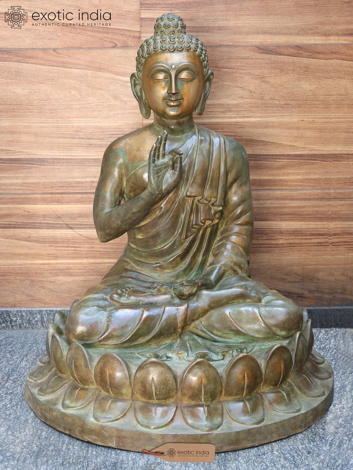 52" Large Lord Buddha Seated in Vitark Mudra on Lotus Pedestal | Brass Statue