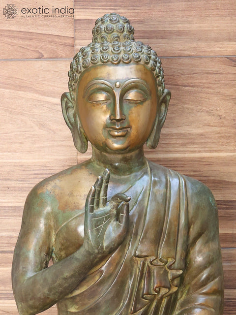 52" Large Lord Buddha Seated in Vitark Mudra on Lotus Pedestal | Brass Statue
