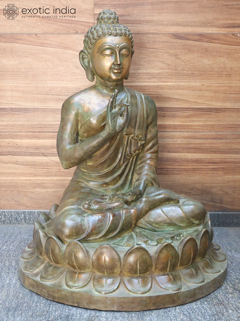52" Large Lord Buddha Seated in Vitark Mudra on Lotus Pedestal | Brass Statue