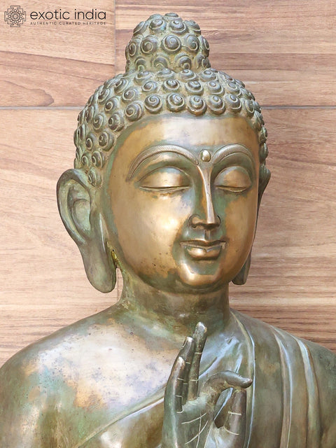 52" Large Lord Buddha Seated in Vitark Mudra on Lotus Pedestal | Brass Statue