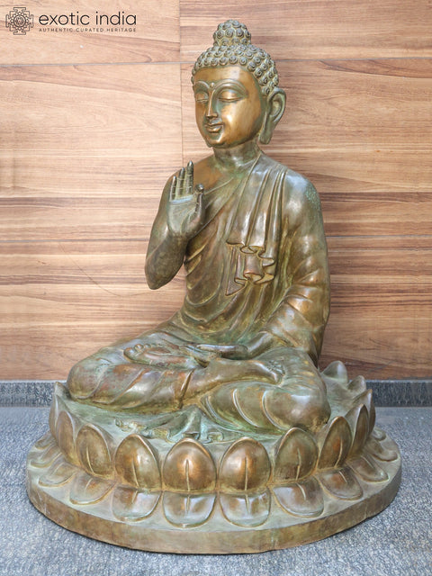 52" Large Lord Buddha Seated in Vitark Mudra on Lotus Pedestal | Brass Statue