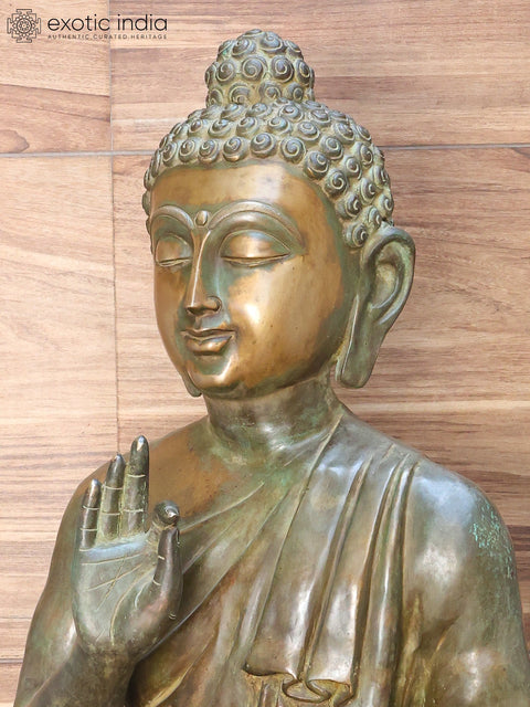 52" Large Lord Buddha Seated in Vitark Mudra on Lotus Pedestal | Brass Statue
