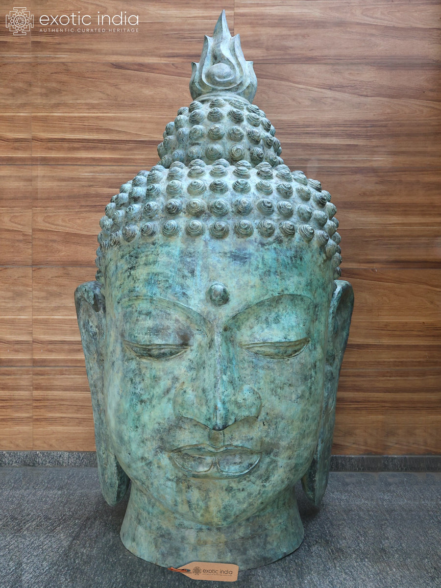 8 Feet Giant Buddha Head Brass Sculpture with Sacred Flame Ushnisha