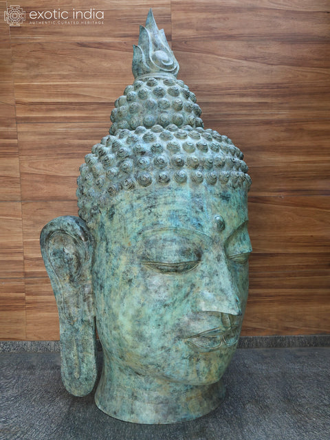 8 Feet Giant Buddha Head with Sacred Flame Ushnisha | Brass Sculpture