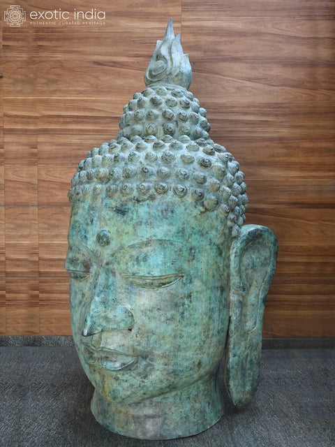 8 Feet Giant Buddha Head with Sacred Flame Ushnisha | Brass Sculpture