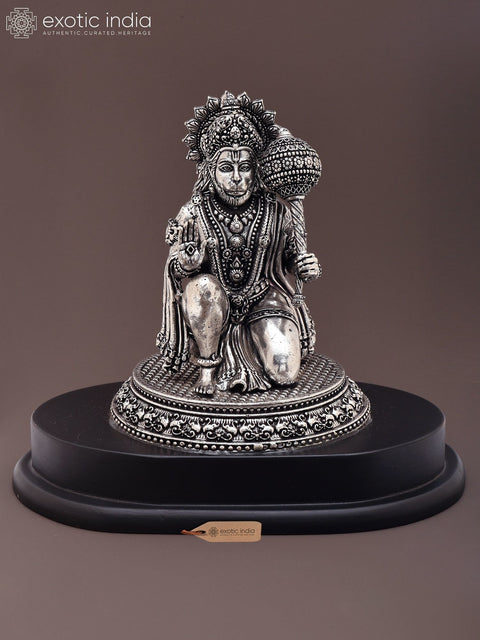 6" Small Superfine Lord Hanuman Seated in Blessing Gesture | Silver Plated Brass Statue on Wood Base
