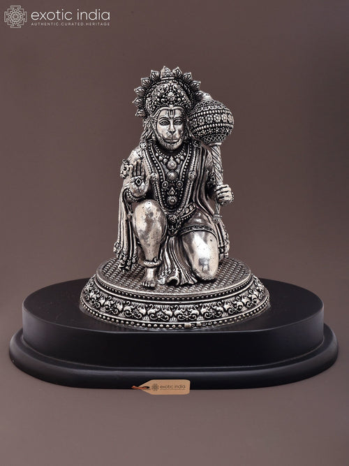 6" Superfine Silver Plated Brass Lord Hanuman Statue with Wood Base