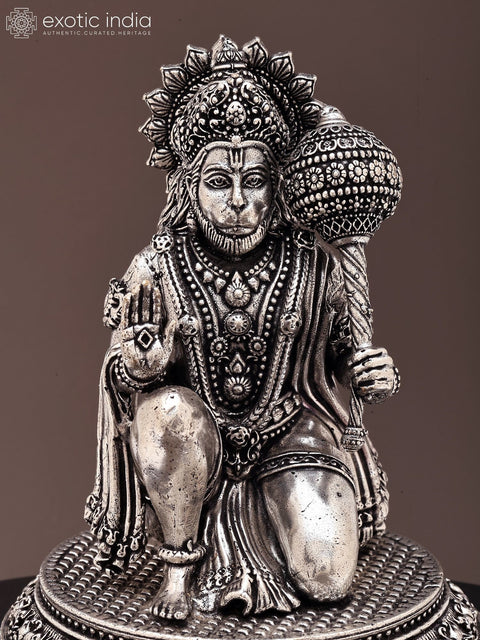 6" Small Superfine Lord Hanuman Seated in Blessing Gesture | Silver Plated Brass Statue on Wood Base