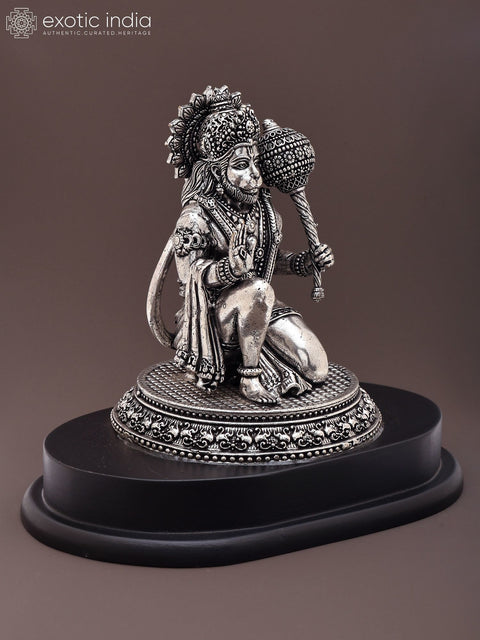 6" Small Superfine Lord Hanuman Seated in Blessing Gesture | Silver Plated Brass Statue on Wood Base