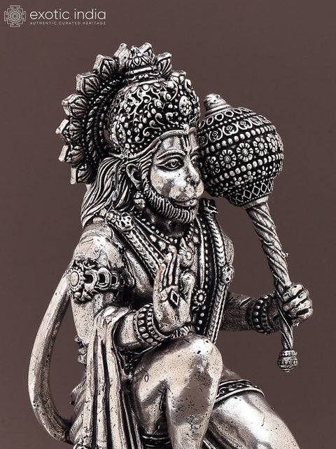 6" Small Superfine Lord Hanuman Seated in Blessing Gesture | Silver Plated Brass Statue on Wood Base
