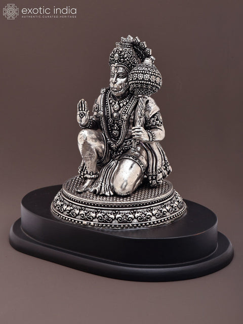 6" Small Superfine Lord Hanuman Seated in Blessing Gesture | Silver Plated Brass Statue on Wood Base