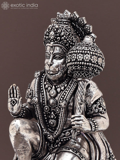 6" Small Superfine Lord Hanuman Seated in Blessing Gesture | Silver Plated Brass Statue on Wood Base