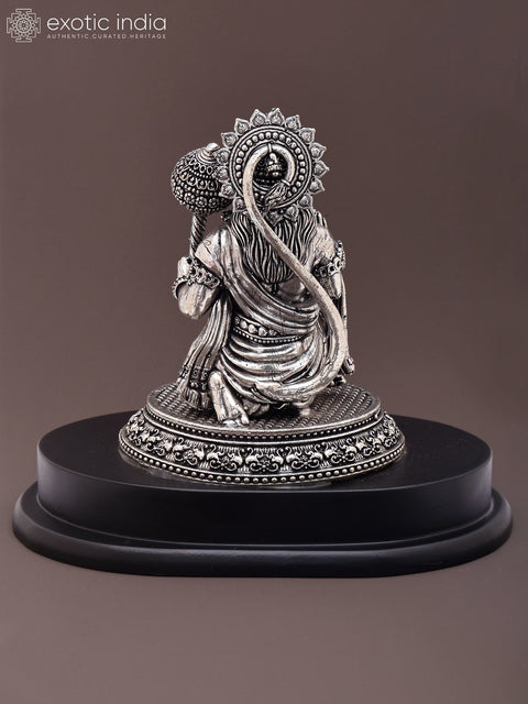 6" Small Superfine Lord Hanuman Seated in Blessing Gesture | Silver Plated Brass Statue on Wood Base