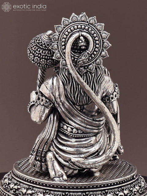 6" Small Superfine Lord Hanuman Seated in Blessing Gesture | Silver Plated Brass Statue on Wood Base