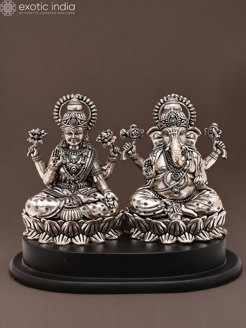 6" Small Superfine Blessing Lakshmi Ganesha | Silver Plated Brass Statue on Wood Base