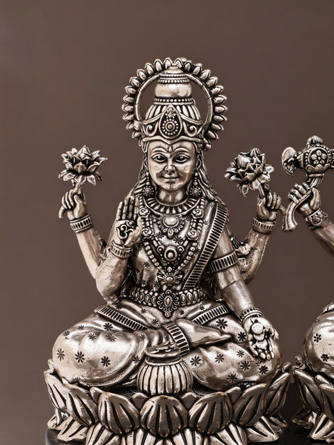 6" Small Superfine Blessing Lakshmi Ganesha | Silver Plated Brass Statue on Wood Base