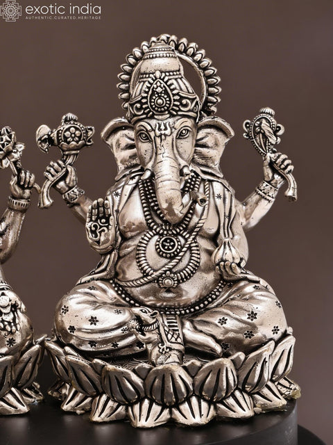 6" Small Superfine Blessing Lakshmi Ganesha | Silver Plated Brass Statue on Wood Base