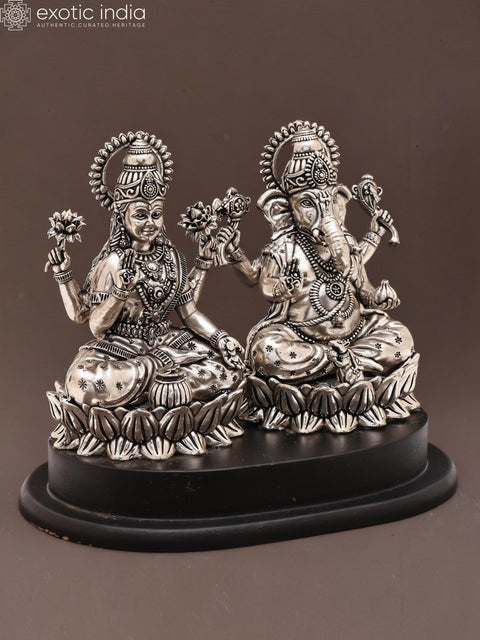6" Small Superfine Blessing Lakshmi Ganesha | Silver Plated Brass Statue on Wood Base
