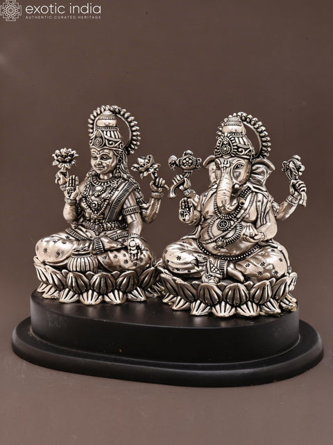 6" Small Superfine Blessing Lakshmi Ganesha | Silver Plated Brass Statue on Wood Base