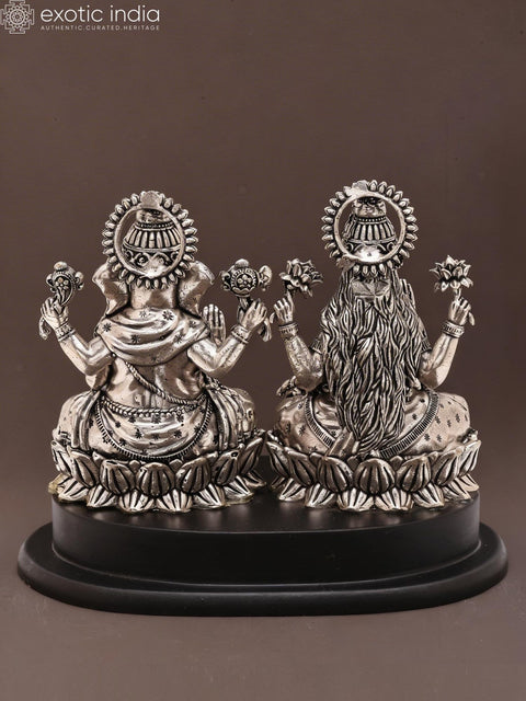 6" Small Superfine Blessing Lakshmi Ganesha | Silver Plated Brass Statue on Wood Base