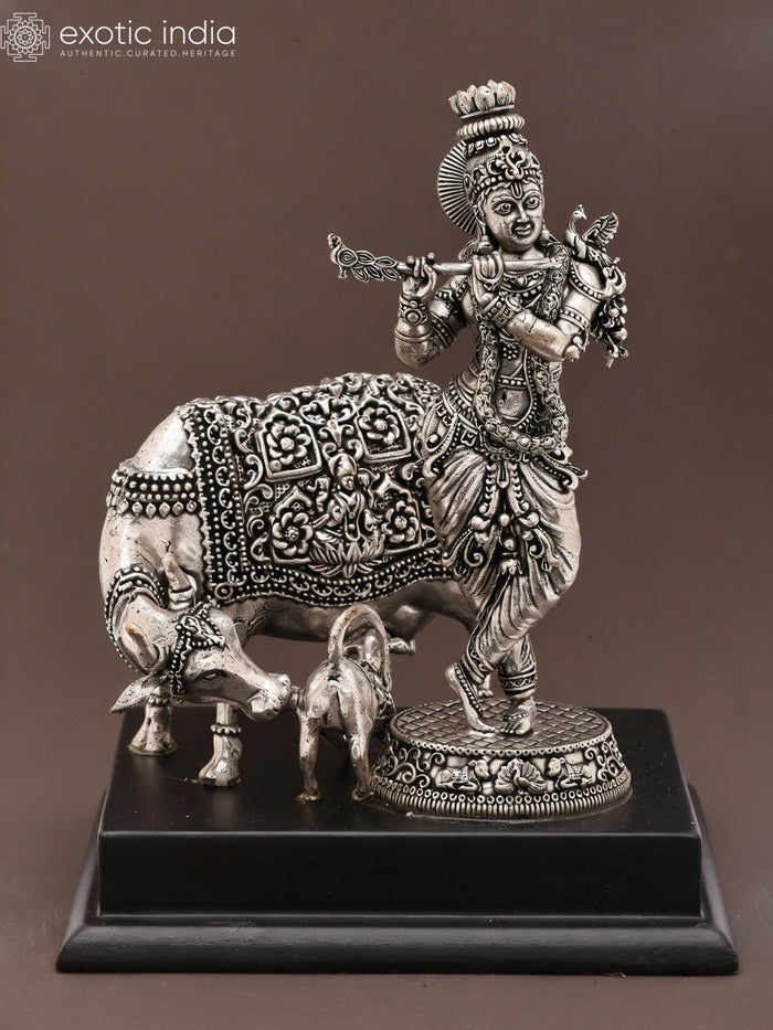 6" Small Superfine Fluting Krishna with Cow and Calf | Silver Plated Brass Statue on Wood Base