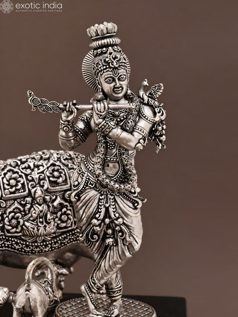 6" Small Superfine Fluting Krishna with Cow and Calf | Silver Plated Brass Statue on Wood Base
