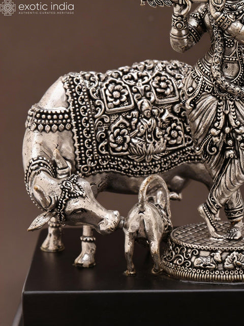 6" Small Superfine Fluting Krishna with Cow and Calf | Silver Plated Brass Statue on Wood Base