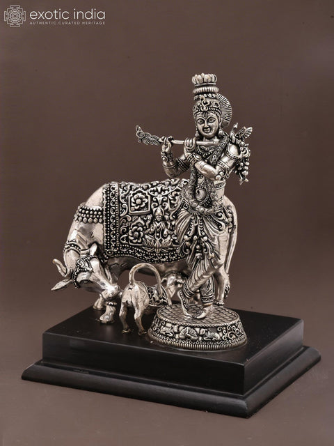 6" Small Superfine Fluting Krishna with Cow and Calf | Silver Plated Brass Statue on Wood Base